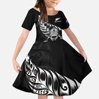 New Zealand Rugby Custom Family Matching Short Sleeve Bodycon Dress and Hawaiian Shirt Opango All Black Fern LT9 Daughter's Dress Black - Polynesian Pride