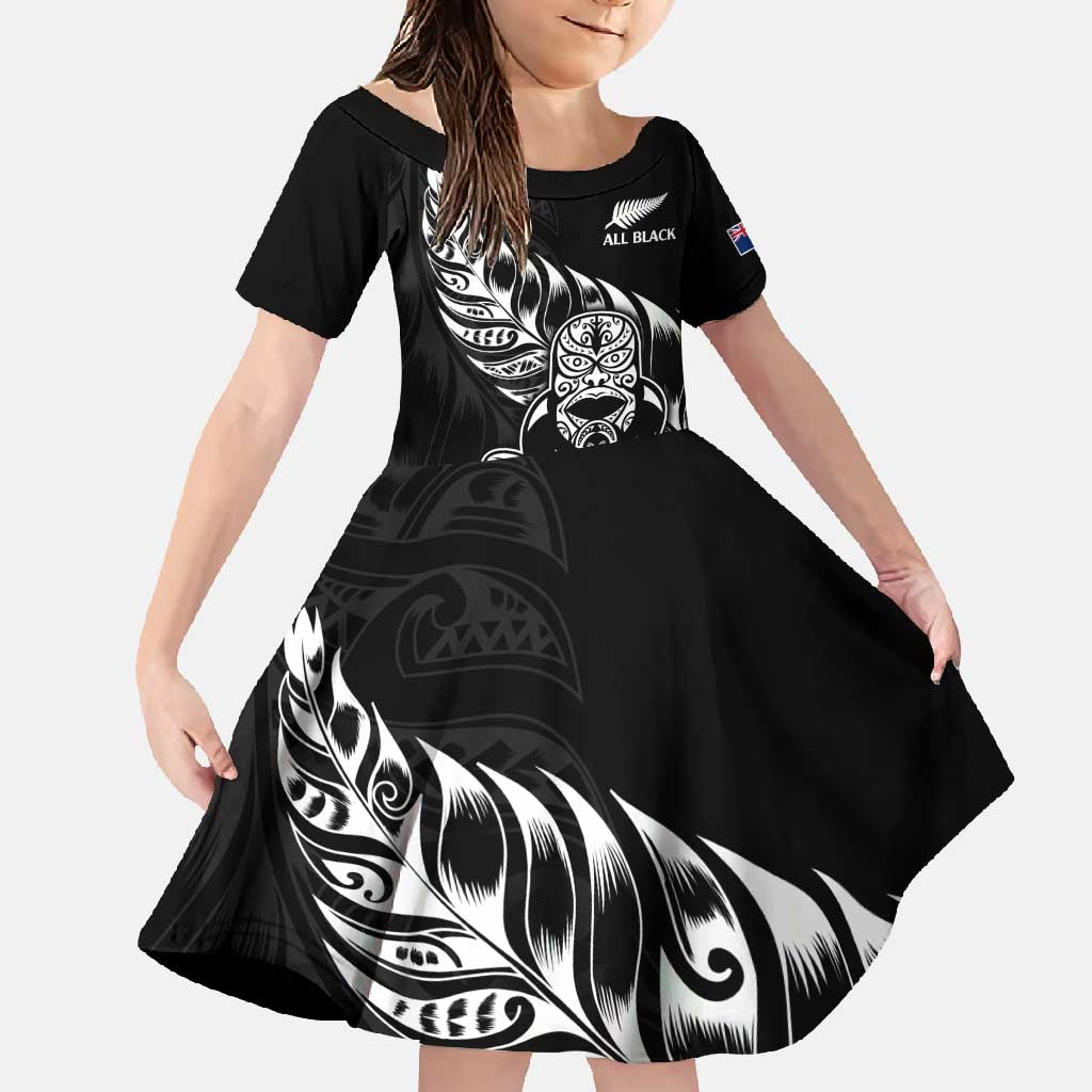 New Zealand Rugby Custom Family Matching Summer Maxi Dress and Hawaiian Shirt Opango All Black Fern LT9 Daughter's Dress Black - Polynesian Pride