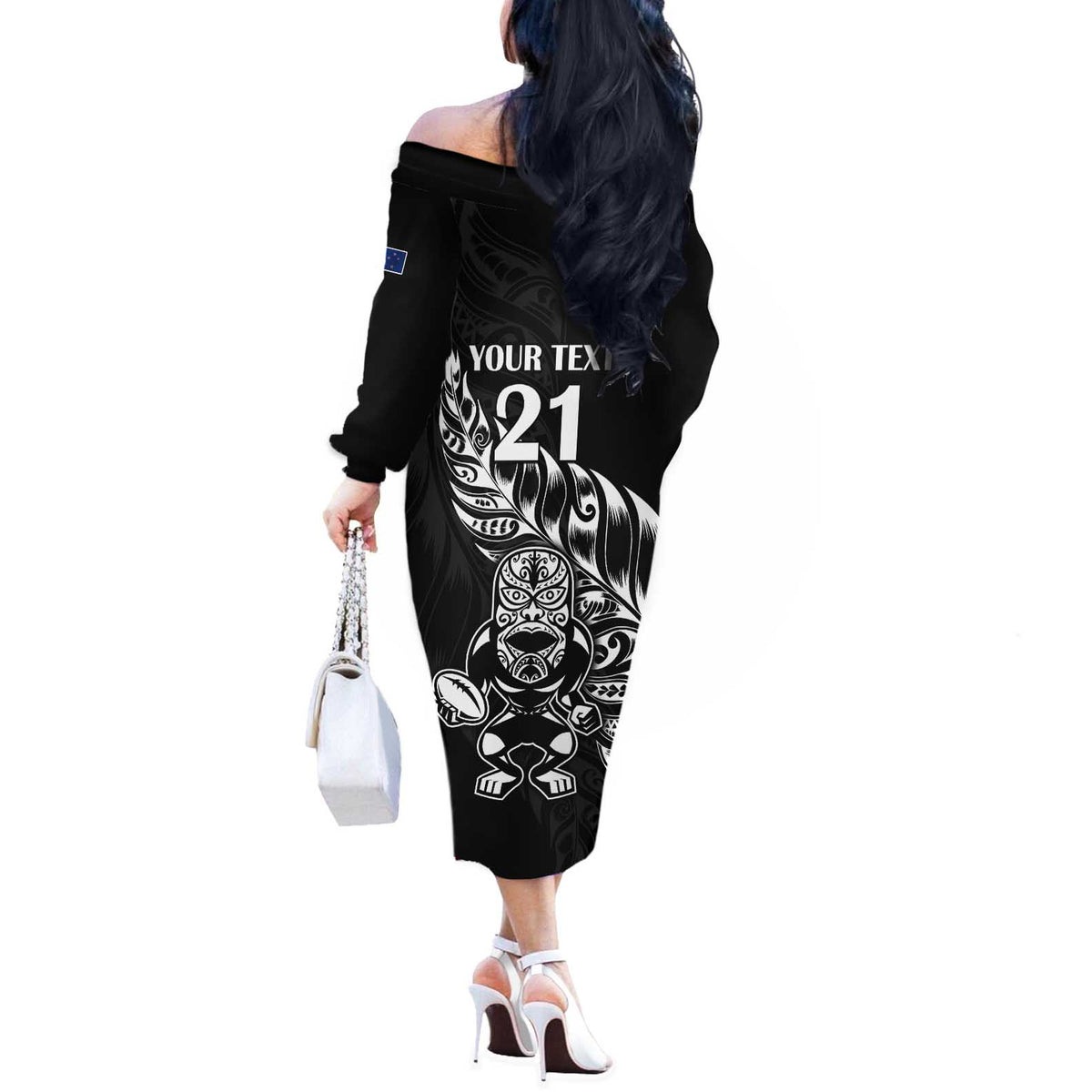 New Zealand Rugby Custom Off The Shoulder Long Sleeve Dress Opango All Black Fern
