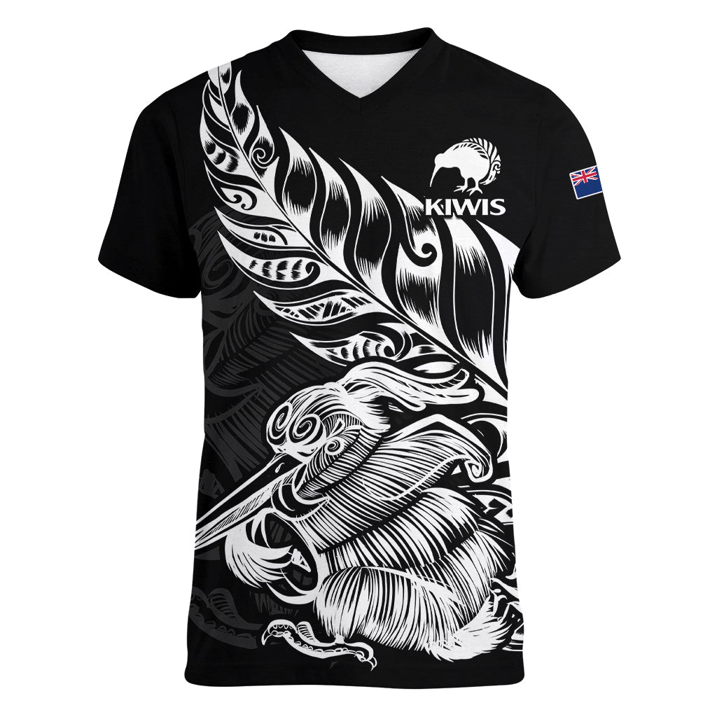 (Custom Text And Number) New Zealand Kiwi Rugby Women V Neck T Shirt LT9 Female Black - Polynesian Pride