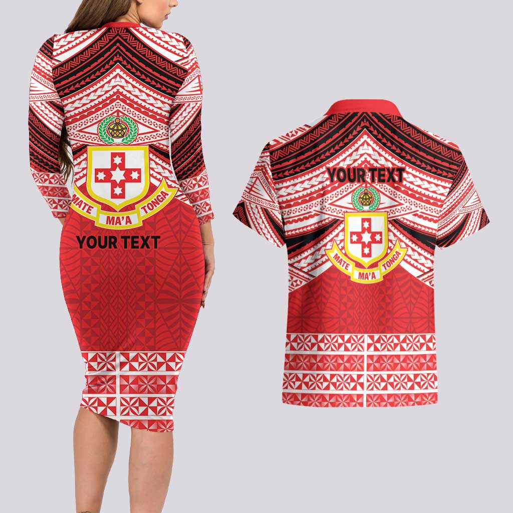 Personalised Kolisi Tonga College Atele Couples Matching Long Sleeve Bodycon Dress and Hawaiian Shirt Polynesian Ngatu Tribal