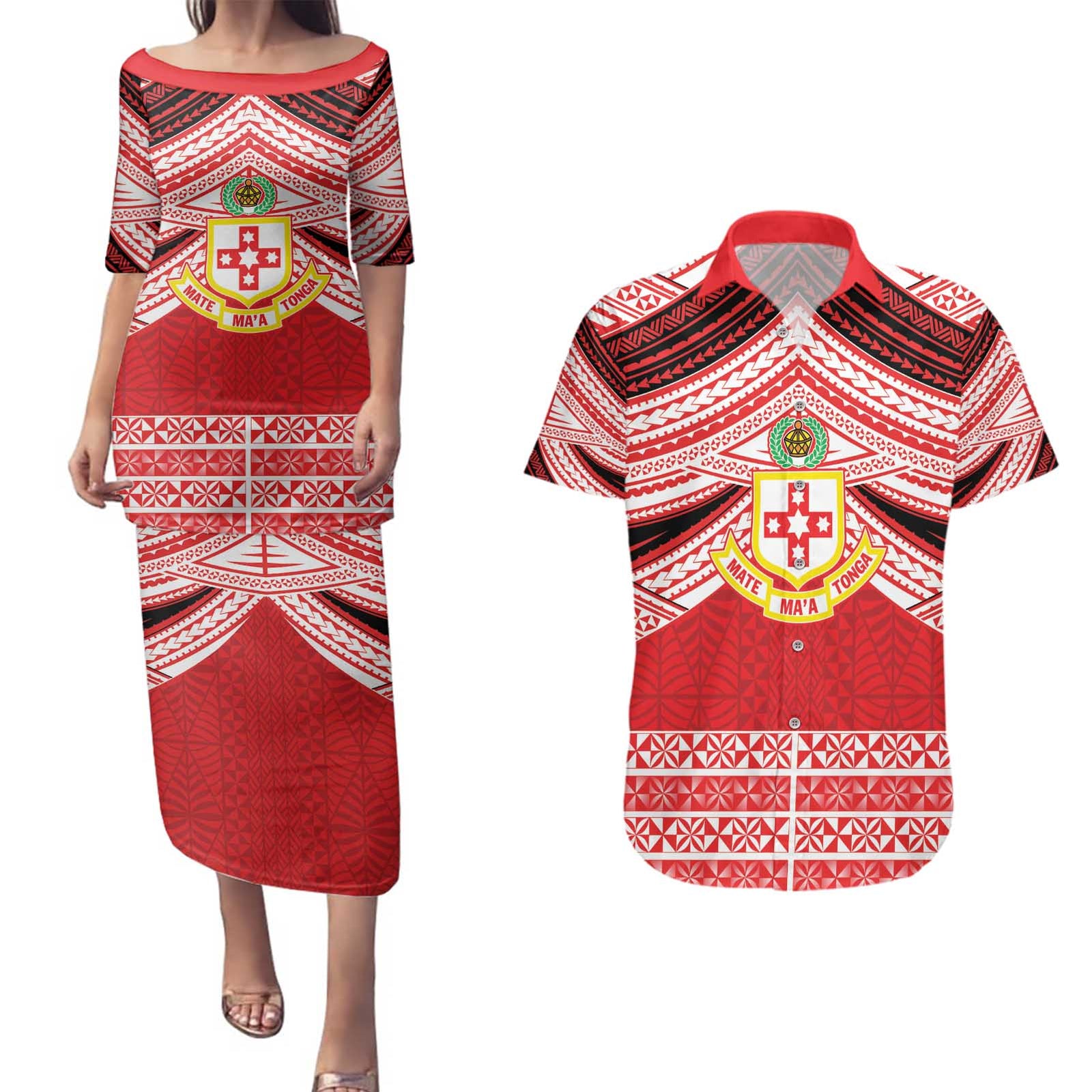 Personalised Kolisi Tonga College Atele Couples Matching Puletasi and Hawaiian Shirt Polynesian Ngatu Tribal
