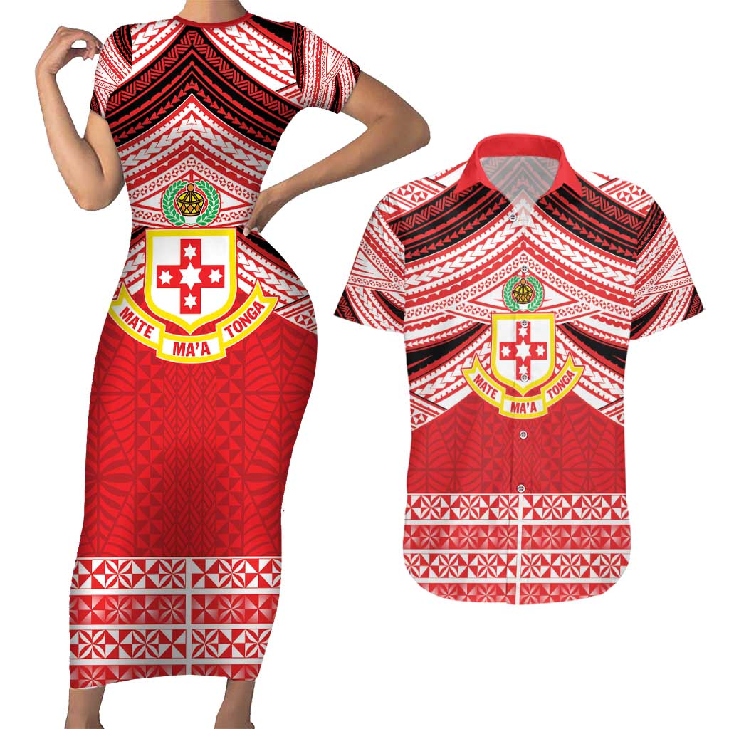 Personalised Kolisi Tonga College Atele Couples Matching Short Sleeve Bodycon Dress and Hawaiian Shirt Polynesian Ngatu Tribal