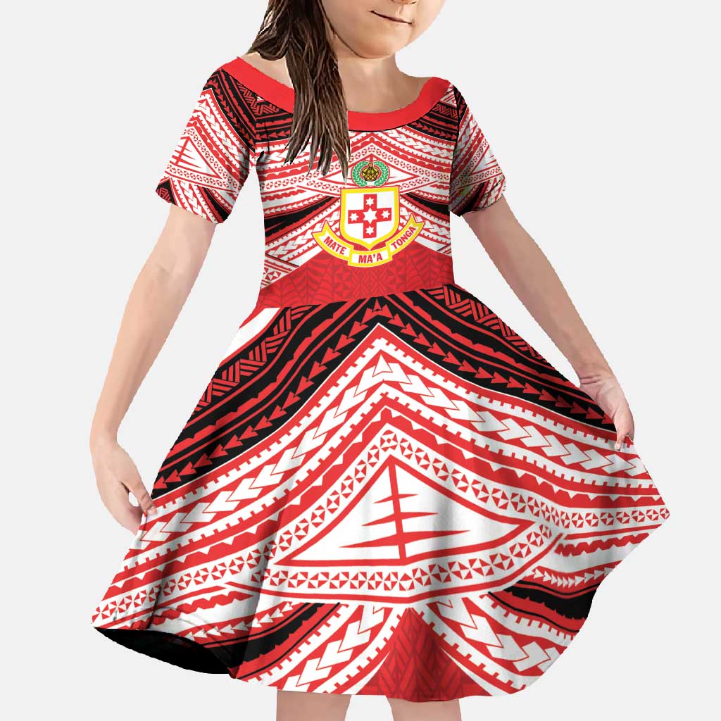 Personalised Kolisi Tonga College Atele Family Matching Long Sleeve Bodycon Dress and Hawaiian Shirt Polynesian Ngatu Tribal LT9 Daughter's Dress Red - Polynesian Pride