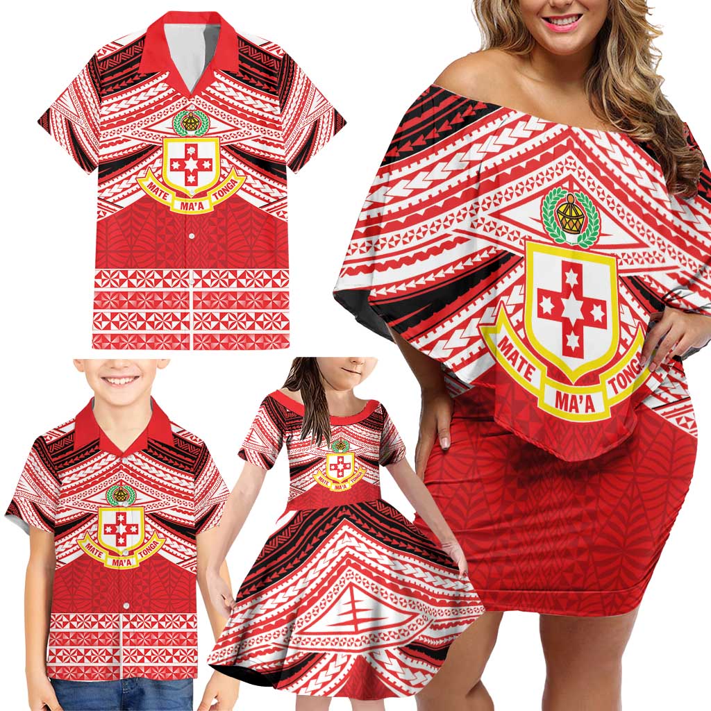 Personalised Kolisi Tonga College Atele Family Matching Off Shoulder Short Dress and Hawaiian Shirt Polynesian Ngatu Tribal