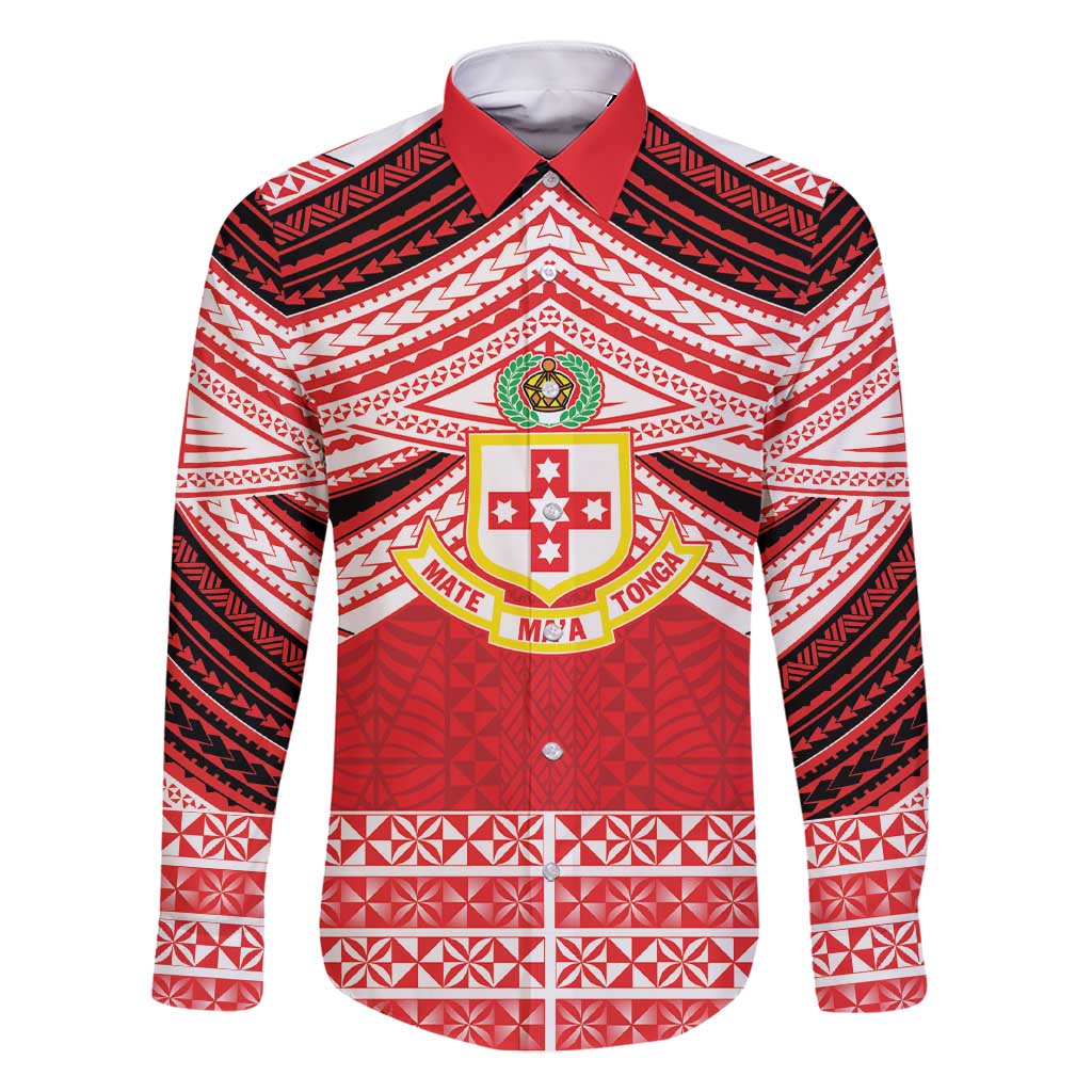 Personalised Kolisi Tonga College Atele Family Matching Short Sleeve Bodycon Dress and Hawaiian Shirt Polynesian Ngatu Tribal LT9 Dad's Shirt - Long Sleeve Red - Polynesian Pride