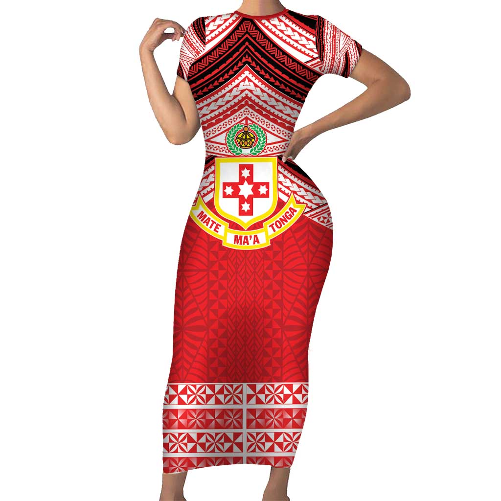 Personalised Kolisi Tonga College Atele Family Matching Short Sleeve Bodycon Dress and Hawaiian Shirt Polynesian Ngatu Tribal LT9 Mom's Dress Red - Polynesian Pride