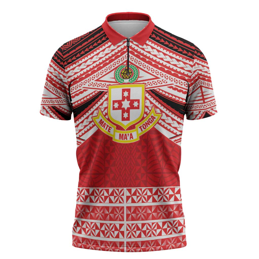 Personalised Kolisi Tonga College Atele Zipper Polo Shirt Polynesian Ngatu Tribal - Polynesian Pride