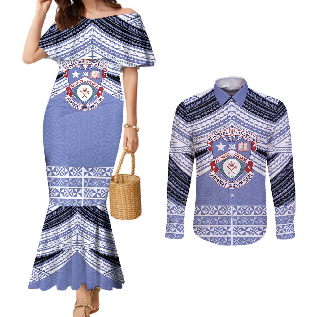 Personalised Tonga Apifoou College Couples Matching Mermaid Dress and Long Sleeve Button Shirt Polynesian Ngatu Tribal