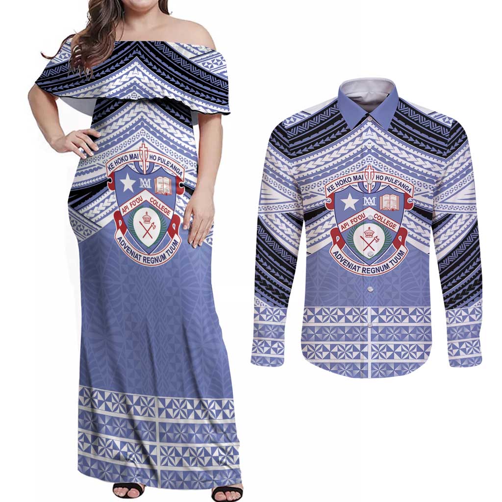 Personalised Tonga Apifoou College Couples Matching Off Shoulder Maxi Dress and Long Sleeve Button Shirt Polynesian Ngatu Tribal