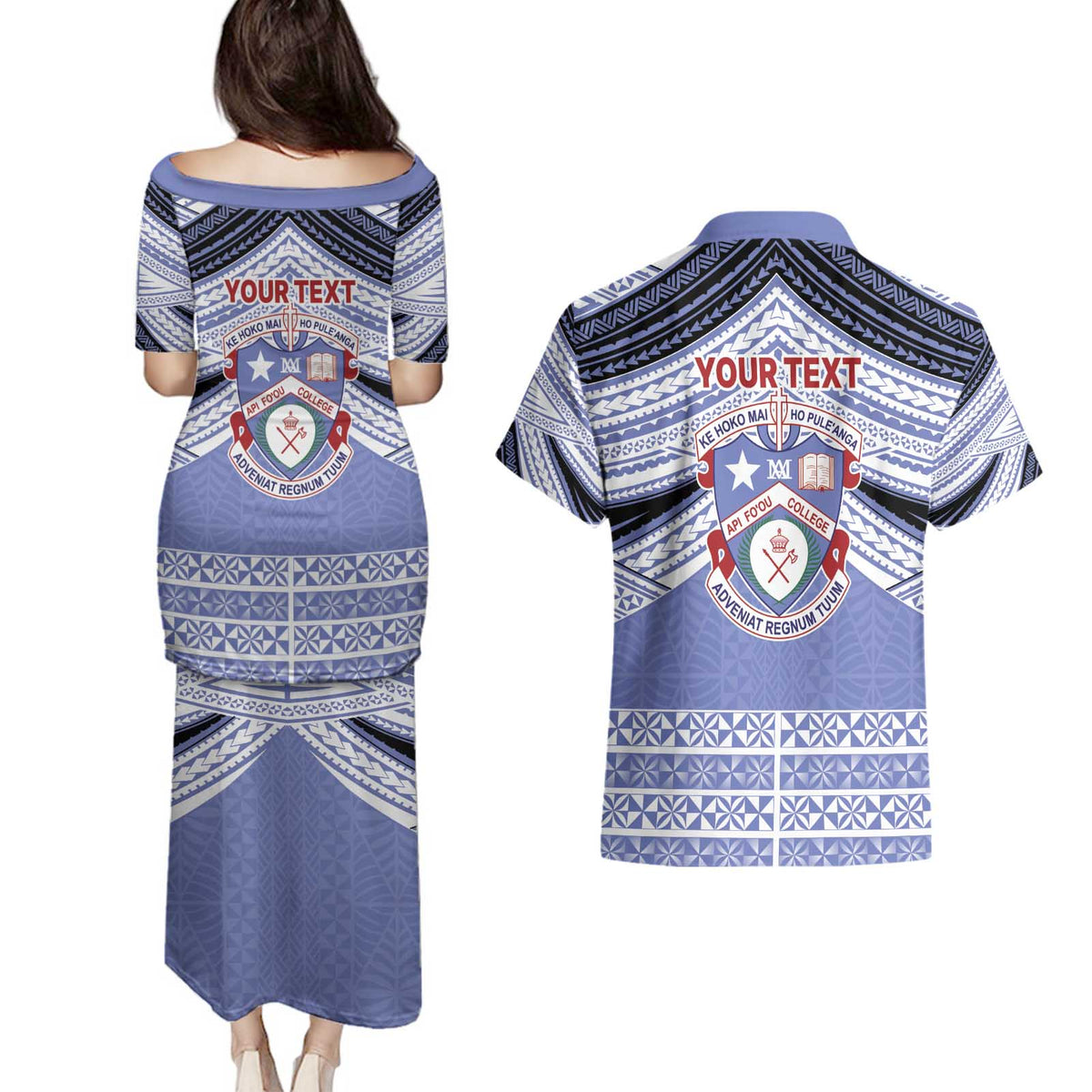 Personalised Tonga Apifoou College Couples Matching Puletasi and Hawaiian Shirt Polynesian Ngatu Tribal