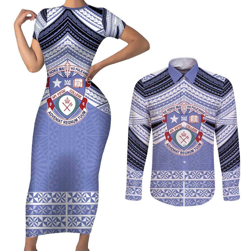 Personalised Tonga Apifoou College Couples Matching Short Sleeve Bodycon Dress and Long Sleeve Button Shirt Polynesian Ngatu Tribal