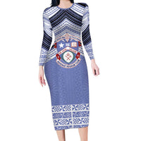 Personalised Tonga Apifoou College Family Matching Long Sleeve Bodycon Dress and Hawaiian Shirt Polynesian Ngatu Tribal LT9 Mom's Dress Blue - Polynesian Pride