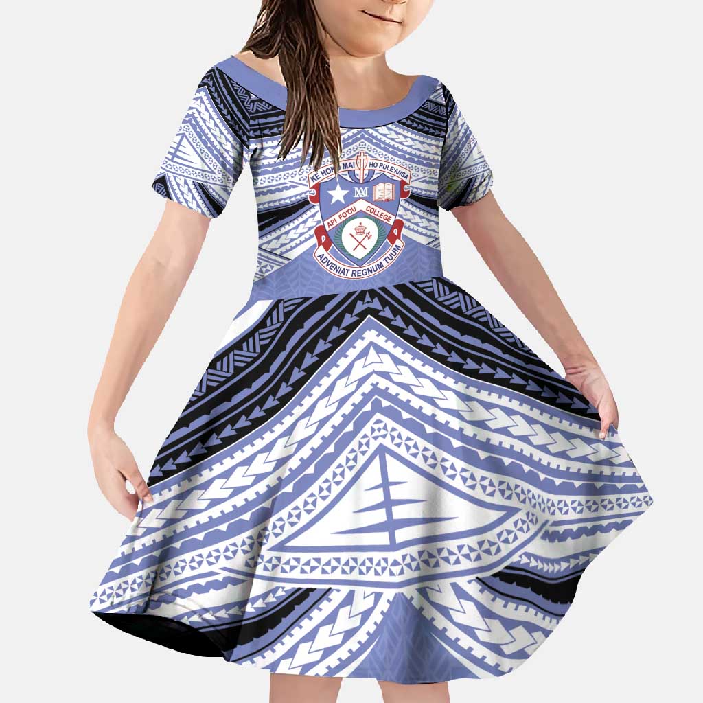 Personalised Tonga Apifoou College Family Matching Off Shoulder Maxi Dress and Hawaiian Shirt Polynesian Ngatu Tribal LT9 Daughter's Dress Blue - Polynesian Pride