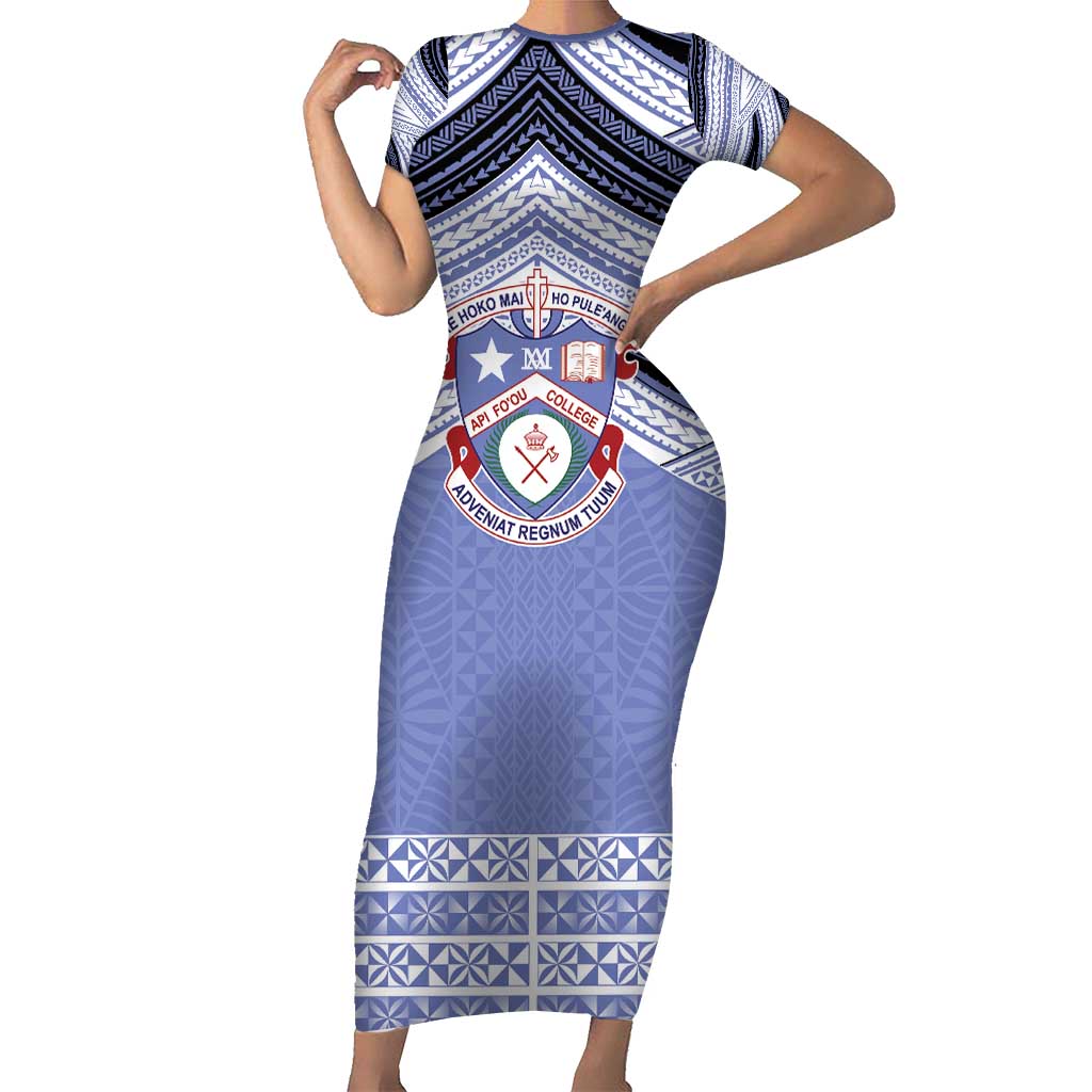 Personalised Tonga Apifoou College Family Matching Short Sleeve Bodycon Dress and Hawaiian Shirt Polynesian Ngatu Tribal LT9 Mom's Dress Blue - Polynesian Pride