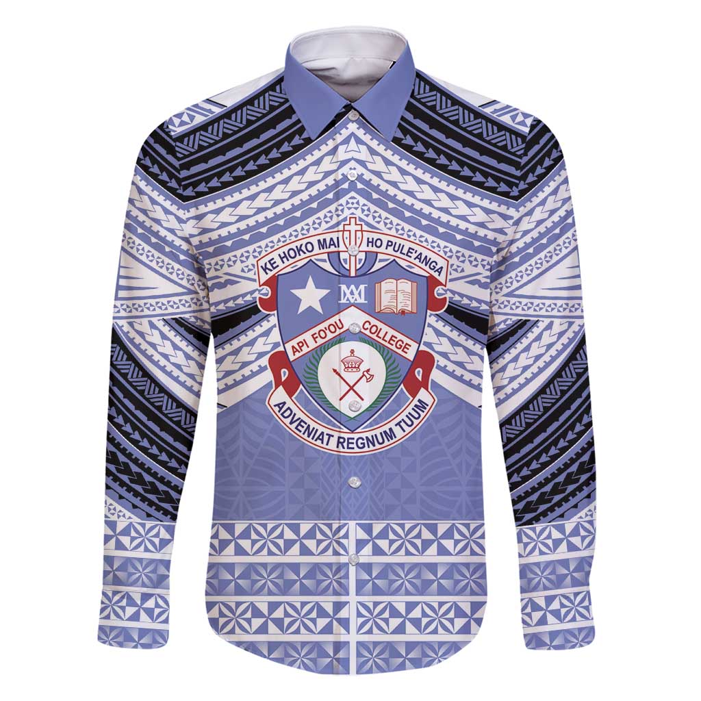 Personalised Tonga Apifoou College Family Matching Tank Maxi Dress and Hawaiian Shirt Polynesian Ngatu Tribal LT9 Dad's Shirt - Long Sleeve Blue - Polynesian Pride