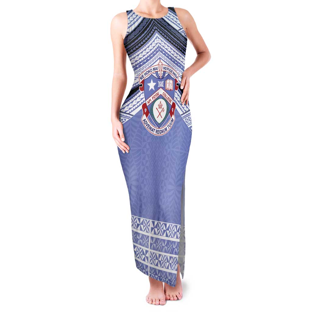 Personalised Tonga Apifoou College Family Matching Tank Maxi Dress and Hawaiian Shirt Polynesian Ngatu Tribal LT9 Mom's Dress Blue - Polynesian Pride