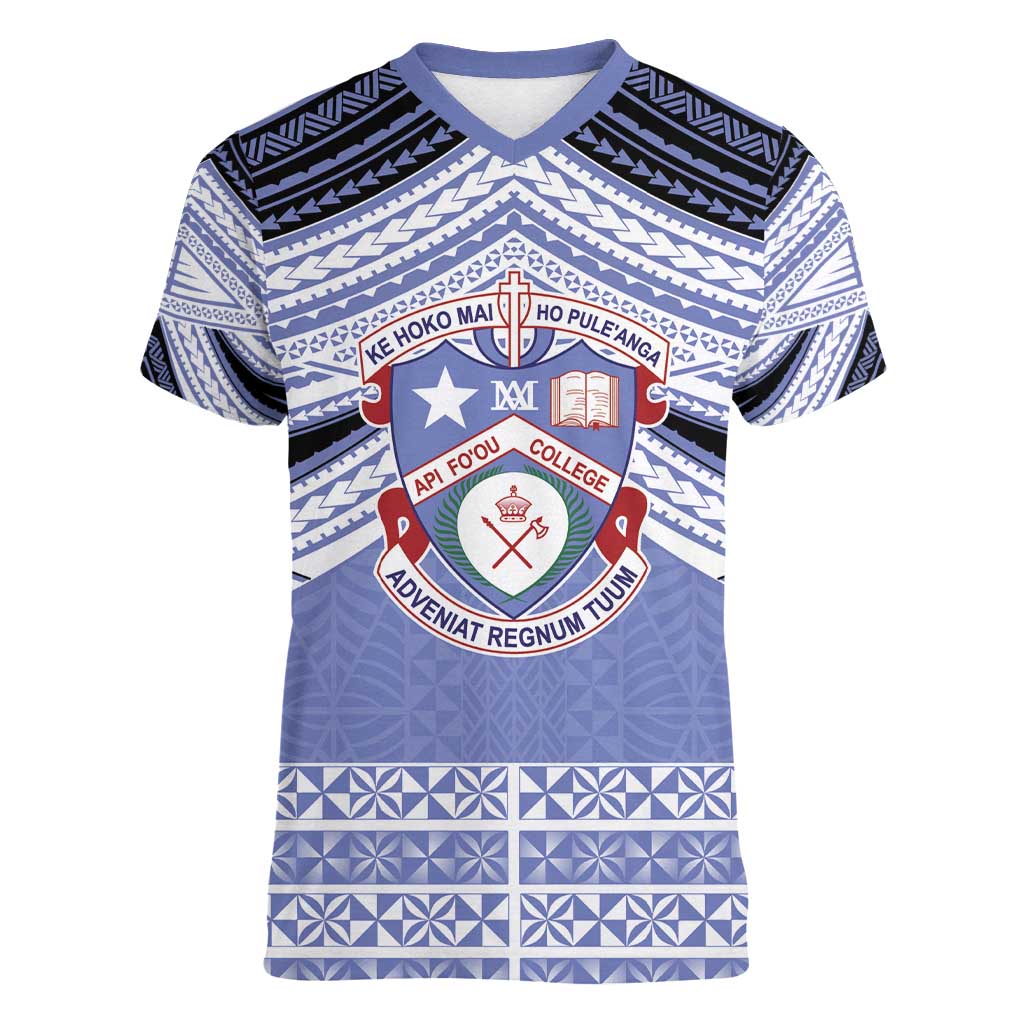 Personalised Tonga Apifoou College Women V-Neck T-Shirt Polynesian Ngatu Tribal