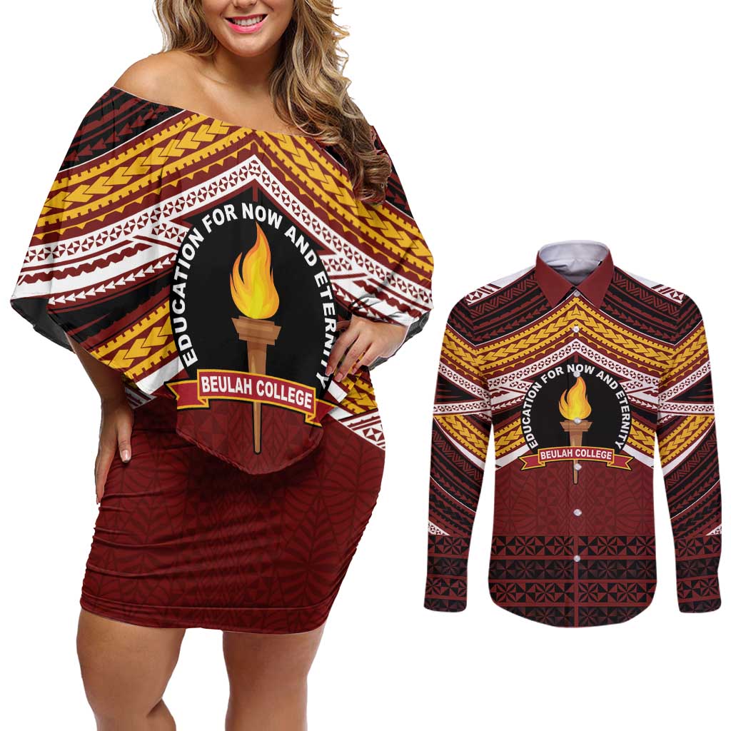 Personalised Tonga Beulah College Couples Matching Off Shoulder Short Dress and Long Sleeve Button Shirt Polynesian Ngatu Tribal