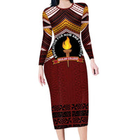 Personalised Tonga Beulah College Family Matching Long Sleeve Bodycon Dress and Hawaiian Shirt Polynesian Ngatu Tribal LT9 Mom's Dress Red - Polynesian Pride