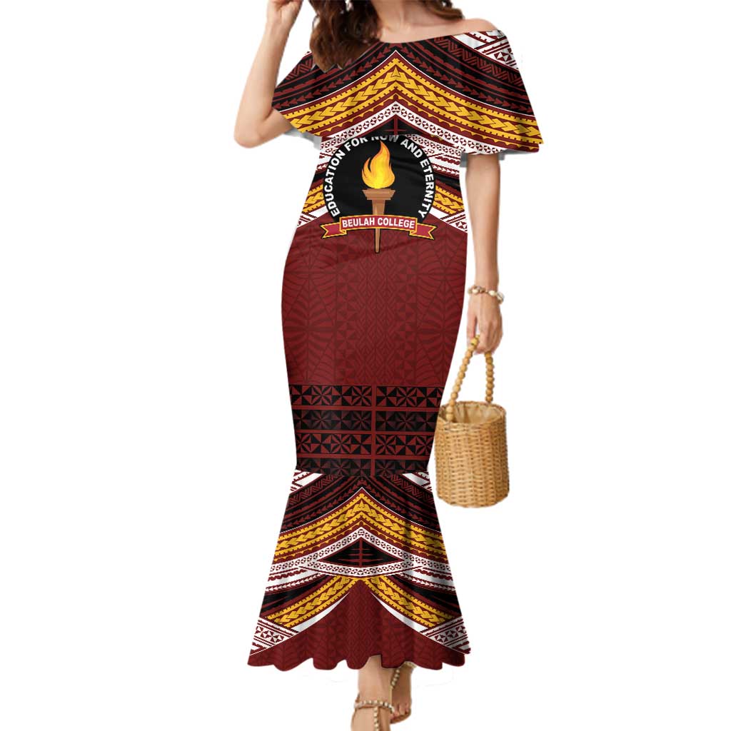 Personalised Tonga Beulah College Family Matching Mermaid Dress and Hawaiian Shirt Polynesian Ngatu Tribal LT9 Mom's Dress Red - Polynesian Pride