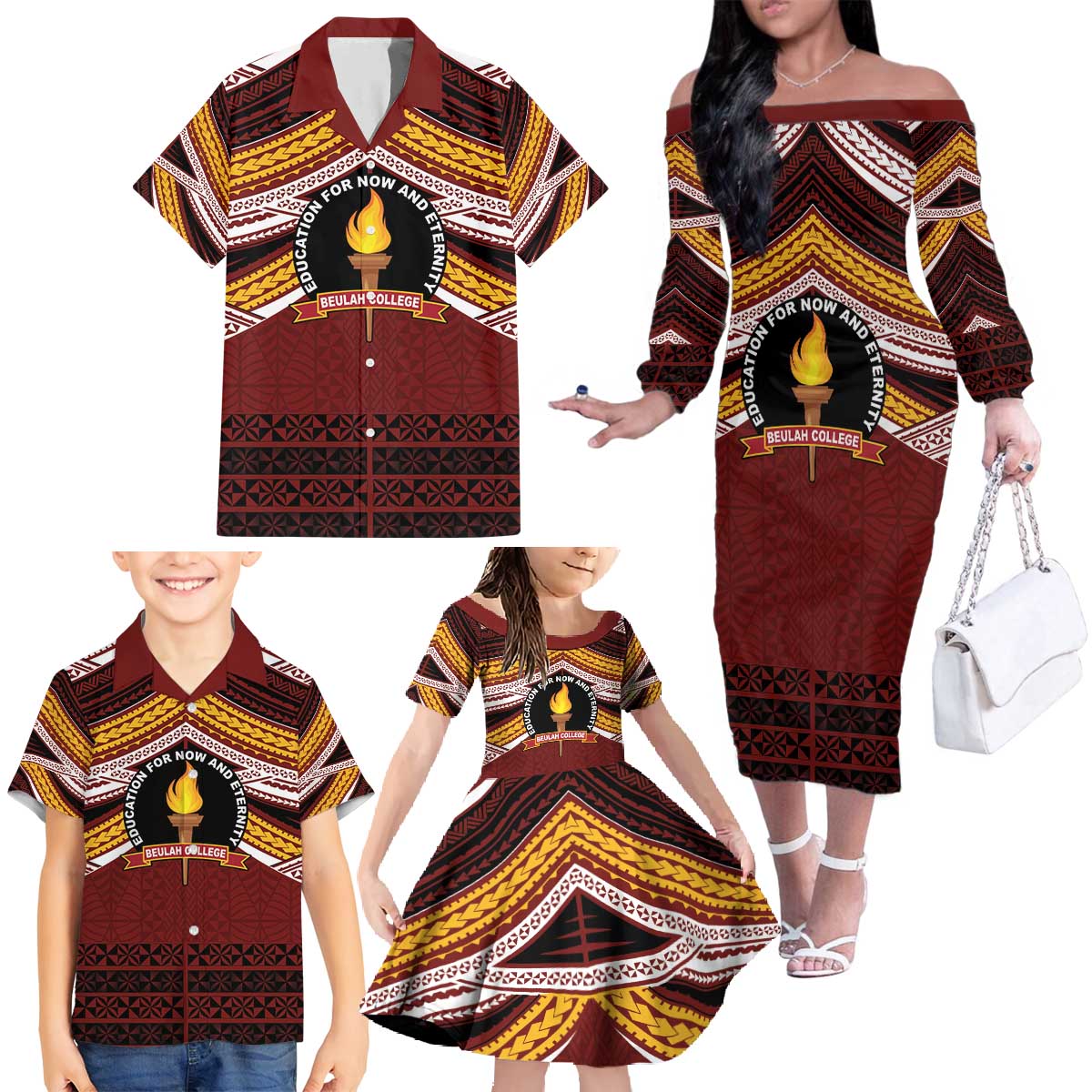 Personalised Tonga Beulah College Family Matching Off The Shoulder Long Sleeve Dress and Hawaiian Shirt Polynesian Ngatu Tribal