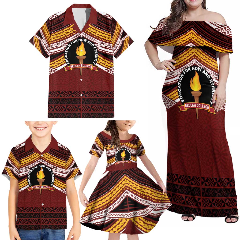 Personalised Tonga Beulah College Family Matching Off Shoulder Maxi Dress and Hawaiian Shirt Polynesian Ngatu Tribal LT9 - Polynesian Pride