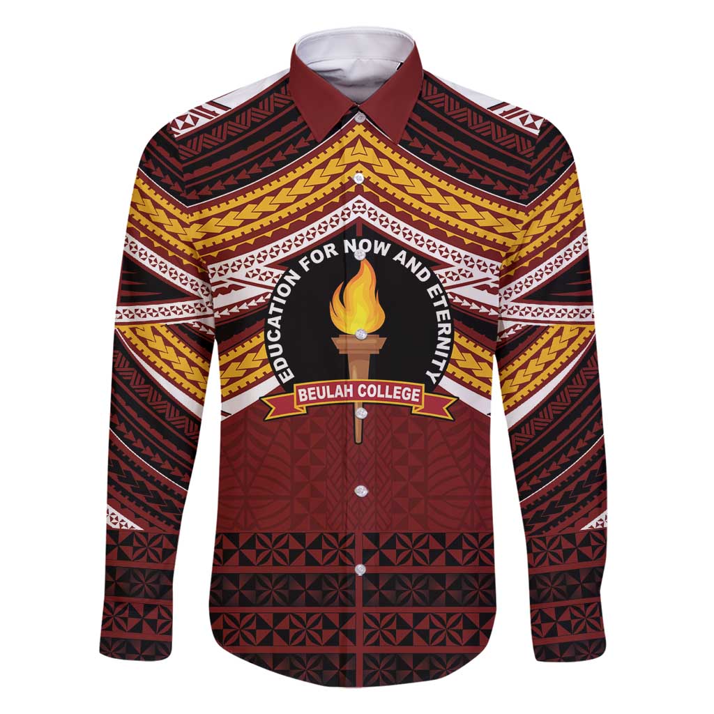 Personalised Tonga Beulah College Family Matching Off Shoulder Maxi Dress and Hawaiian Shirt Polynesian Ngatu Tribal LT9 Dad's Shirt - Long Sleeve Red - Polynesian Pride
