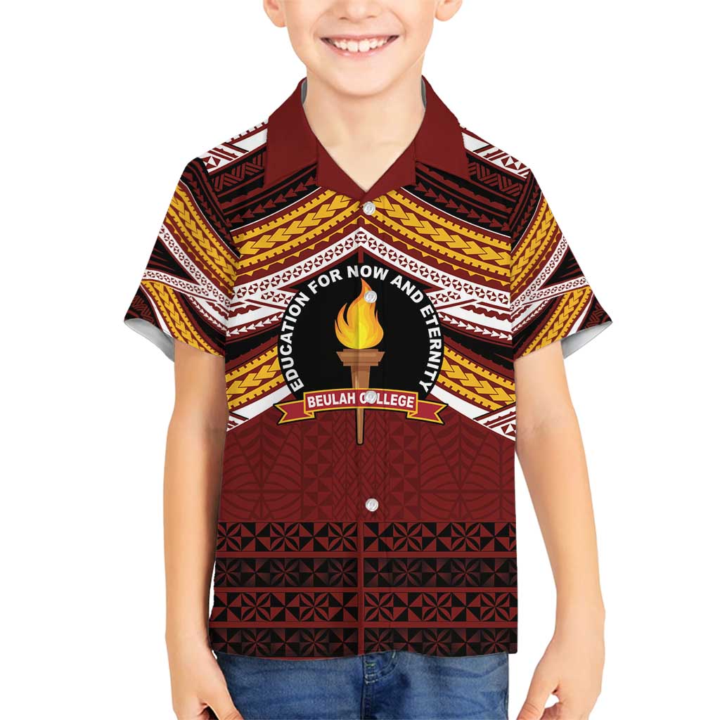 Personalised Tonga Beulah College Family Matching Off Shoulder Maxi Dress and Hawaiian Shirt Polynesian Ngatu Tribal LT9 Son's Shirt Red - Polynesian Pride