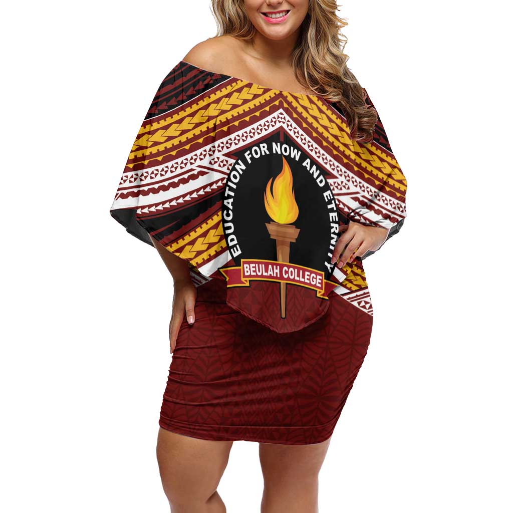 Personalised Tonga Beulah College Family Matching Off Shoulder Short Dress and Hawaiian Shirt Polynesian Ngatu Tribal LT9 Mom's Dress Red - Polynesian Pride
