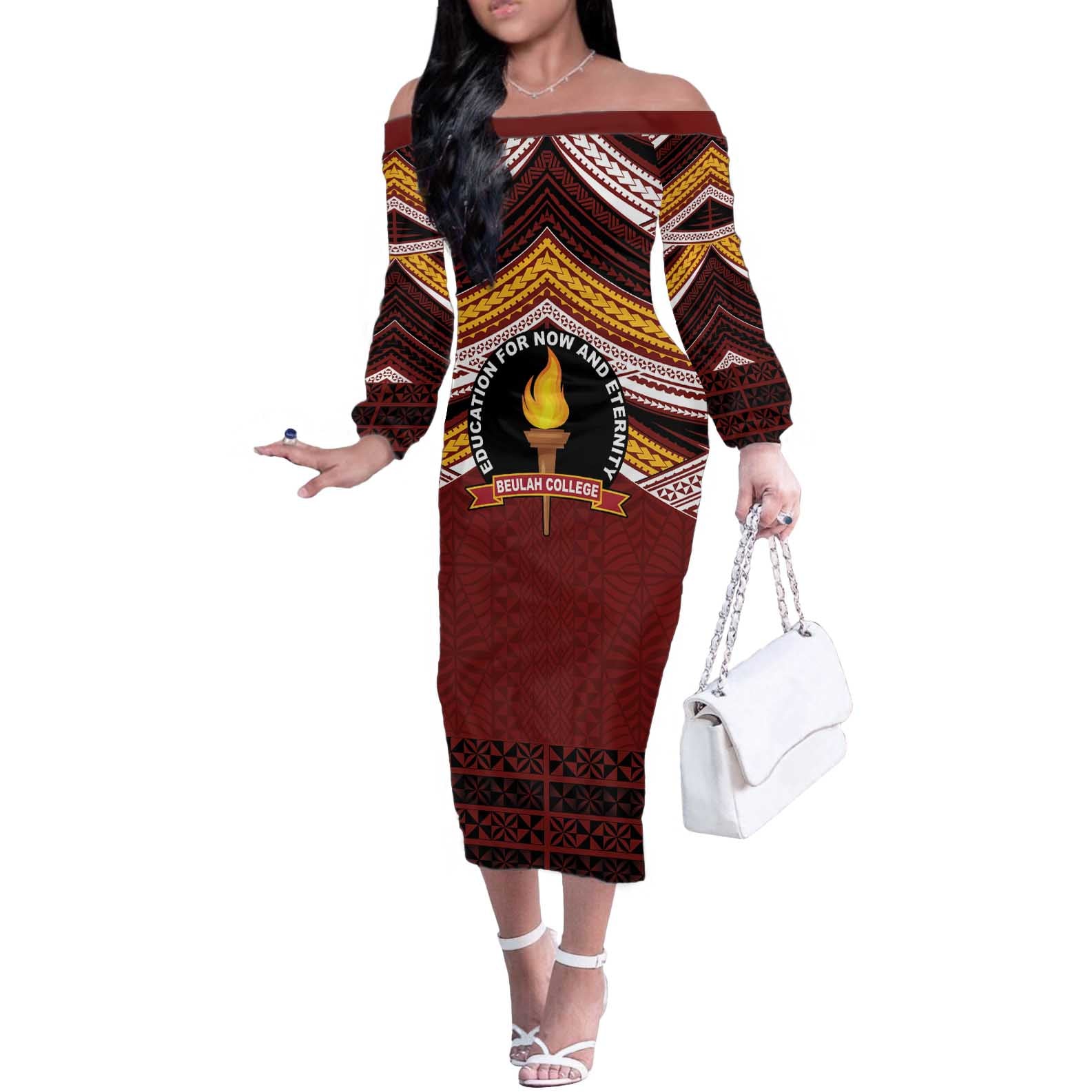 Personalised Tonga Beulah College Off The Shoulder Long Sleeve Dress Polynesian Ngatu Tribal