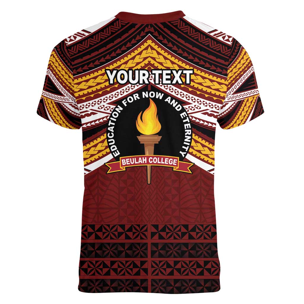 Personalised Tonga Beulah College Women V-Neck T-Shirt Polynesian Ngatu Tribal