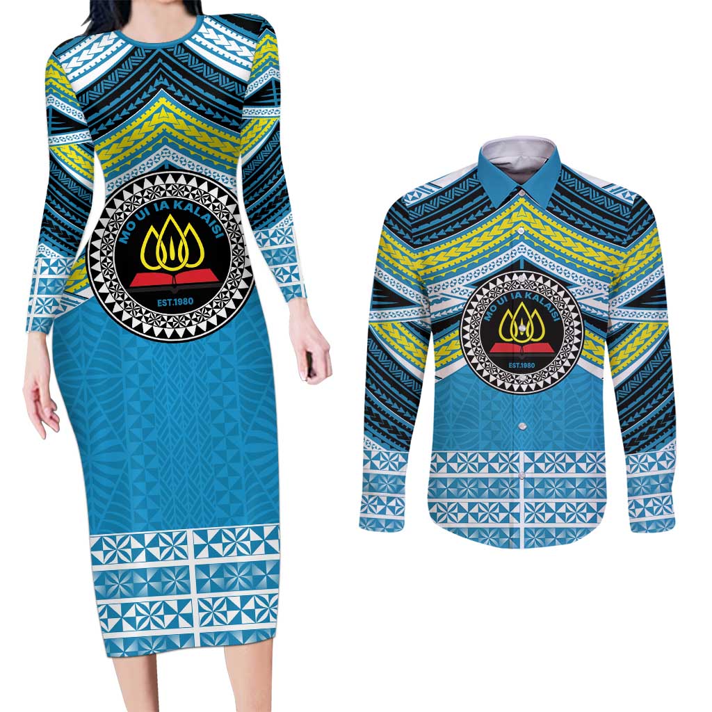 Personalised Tonga Lavengamalie College Couples Matching Long Sleeve Bodycon Dress and Long Sleeve Button Shirt Polynesian Ngatu Tribal