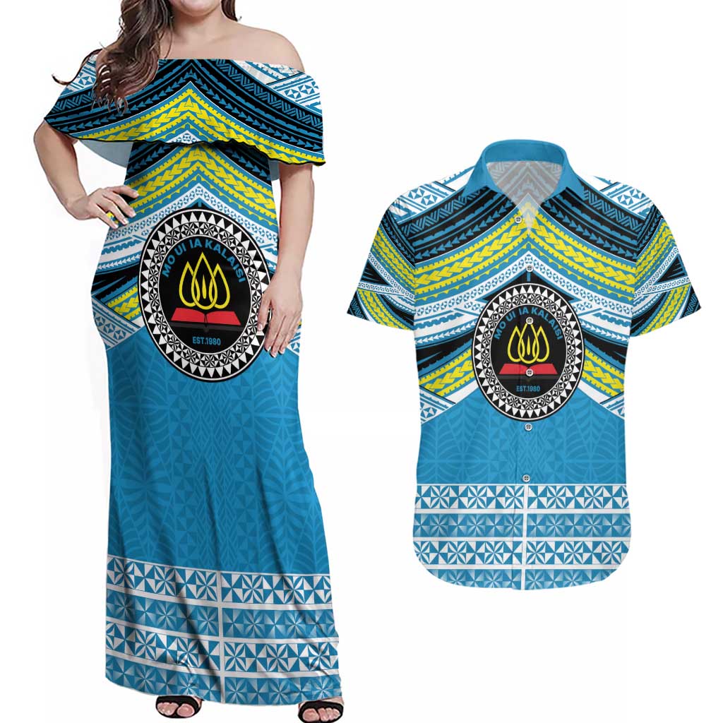 Personalised Tonga Lavengamalie College Couples Matching Off Shoulder Maxi Dress and Hawaiian Shirt Polynesian Ngatu Tribal