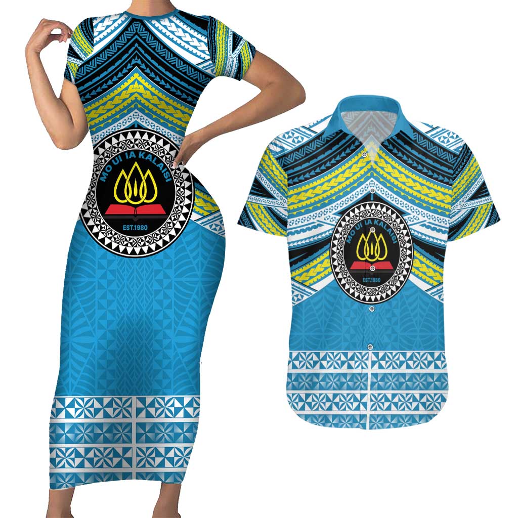 Personalised Tonga Lavengamalie College Couples Matching Short Sleeve Bodycon Dress and Hawaiian Shirt Polynesian Ngatu Tribal
