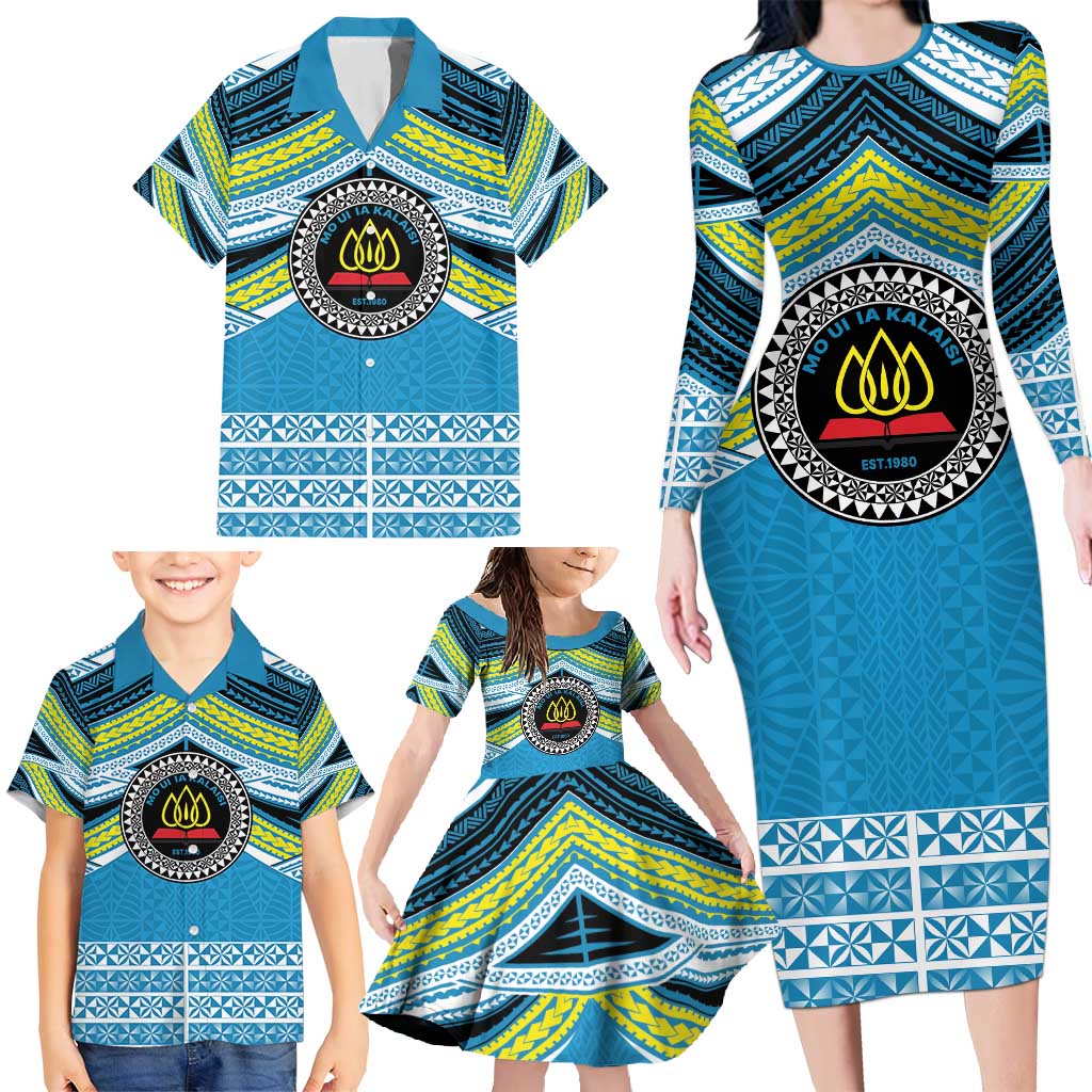 Personalised Tonga Lavengamalie College Family Matching Long Sleeve Bodycon Dress and Hawaiian Shirt Polynesian Ngatu Tribal