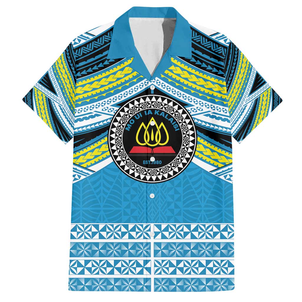 Personalised Tonga Lavengamalie College Family Matching Long Sleeve Bodycon Dress and Hawaiian Shirt Polynesian Ngatu Tribal LT9 Dad's Shirt - Short Sleeve Blue - Polynesian Pride