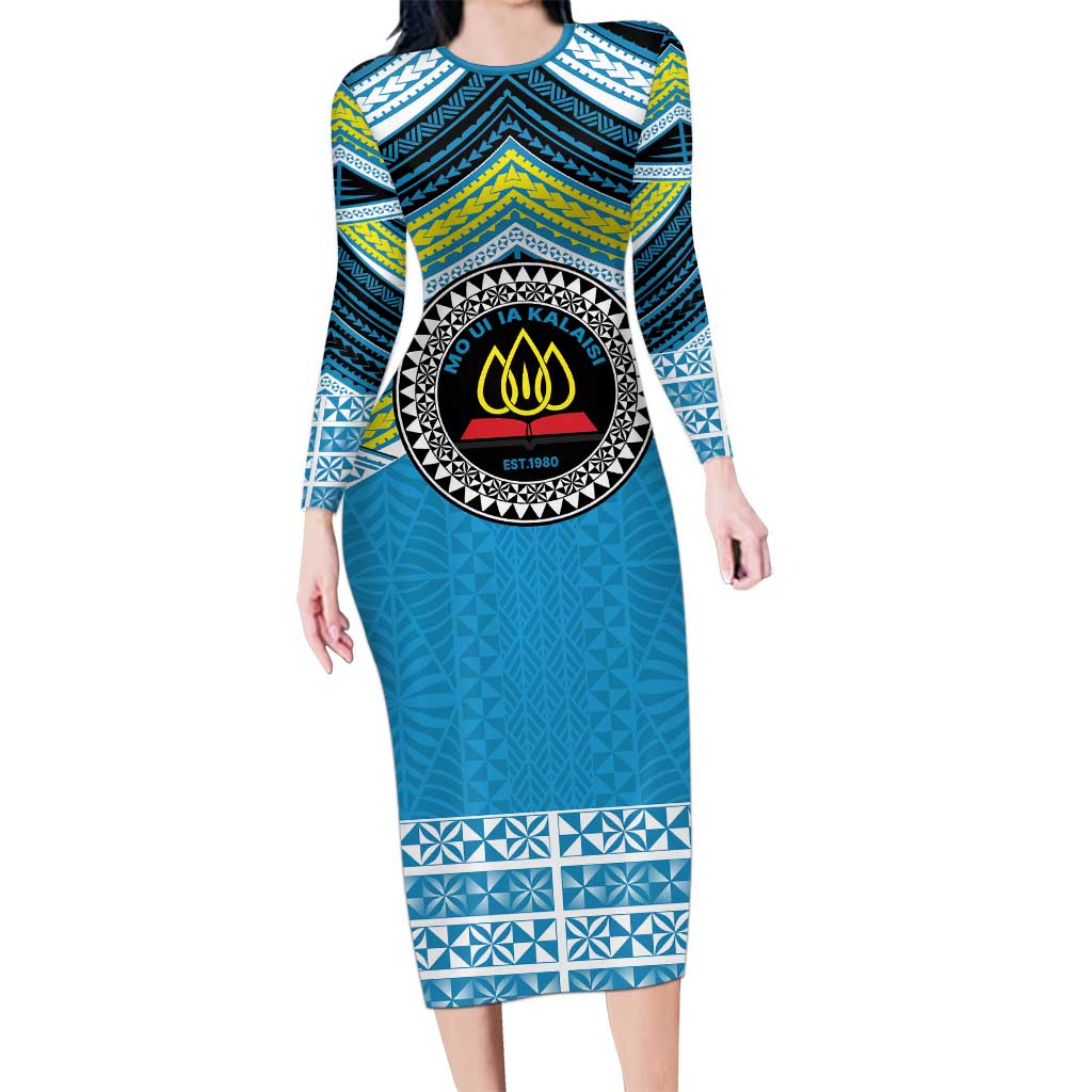 Personalised Tonga Lavengamalie College Family Matching Long Sleeve Bodycon Dress and Hawaiian Shirt Polynesian Ngatu Tribal LT9 Mom's Dress Blue - Polynesian Pride