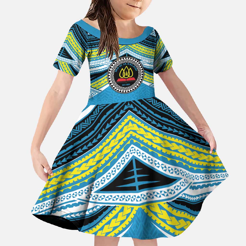 Personalised Tonga Lavengamalie College Family Matching Off Shoulder Maxi Dress and Hawaiian Shirt Polynesian Ngatu Tribal LT9 Daughter's Dress Blue - Polynesian Pride