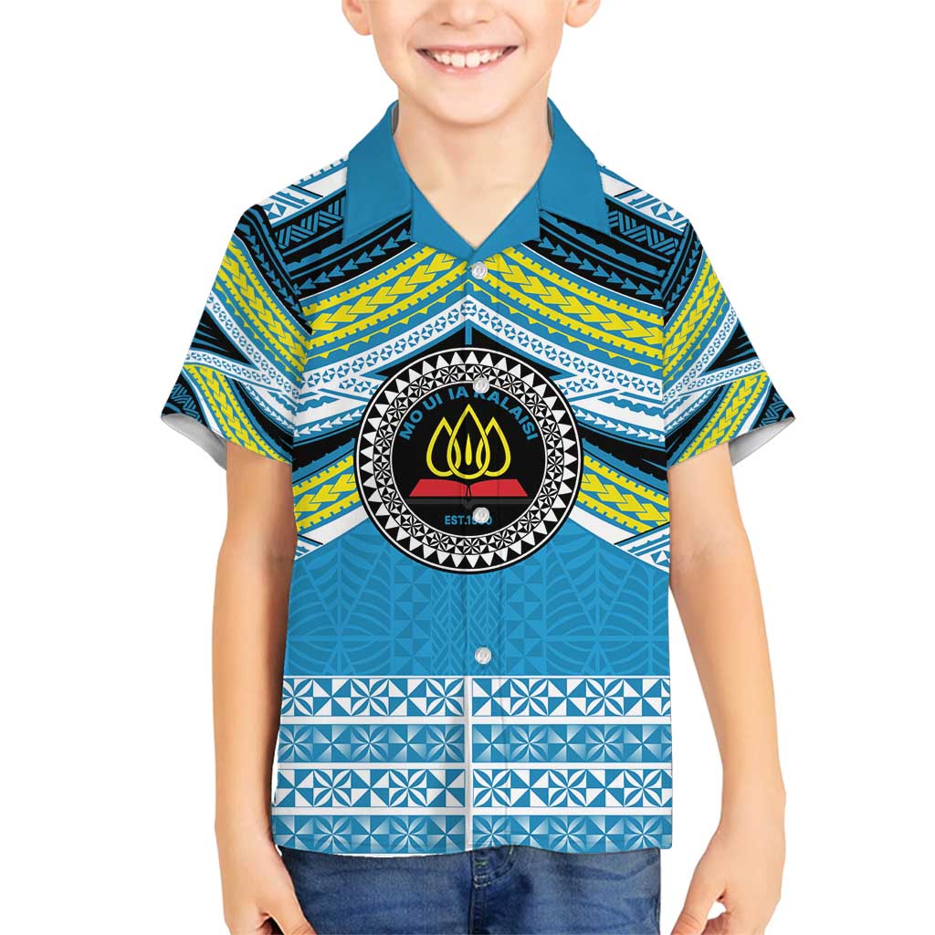 Personalised Tonga Lavengamalie College Family Matching Off Shoulder Maxi Dress and Hawaiian Shirt Polynesian Ngatu Tribal LT9 Son's Shirt Blue - Polynesian Pride