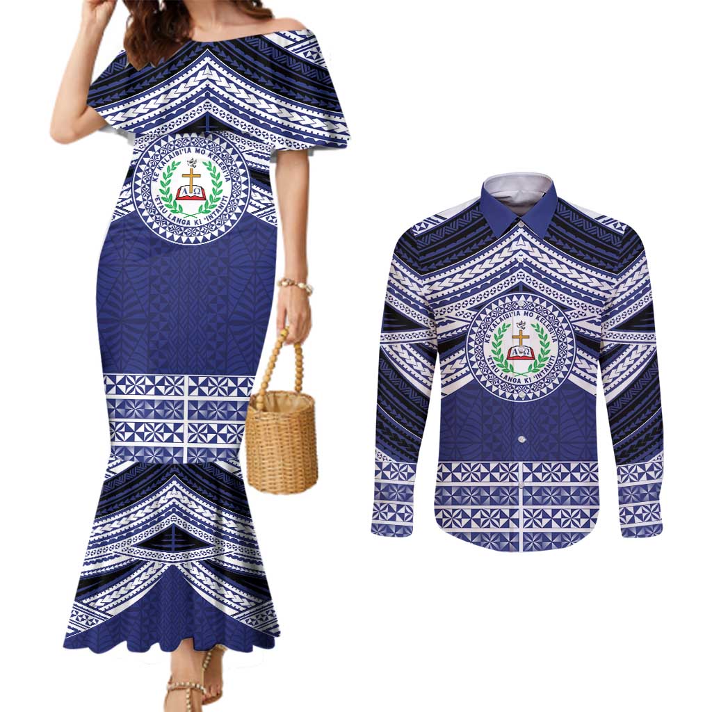 Personalised Tonga Sia'atoutai Theological College Couples Matching Mermaid Dress and Long Sleeve Button Shirt Polynesian Ngatu Tribal
