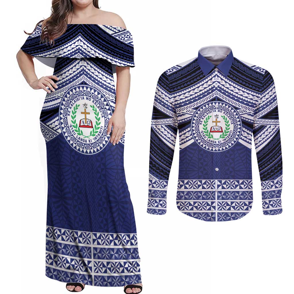 Personalised Tonga Sia'atoutai Theological College Couples Matching Off Shoulder Maxi Dress and Long Sleeve Button Shirt Polynesian Ngatu Tribal