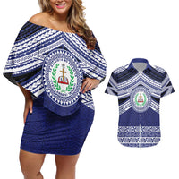 Personalised Tonga Sia'atoutai Theological College Couples Matching Off Shoulder Short Dress and Hawaiian Shirt Polynesian Ngatu Tribal LT9 Blue - Polynesian Pride