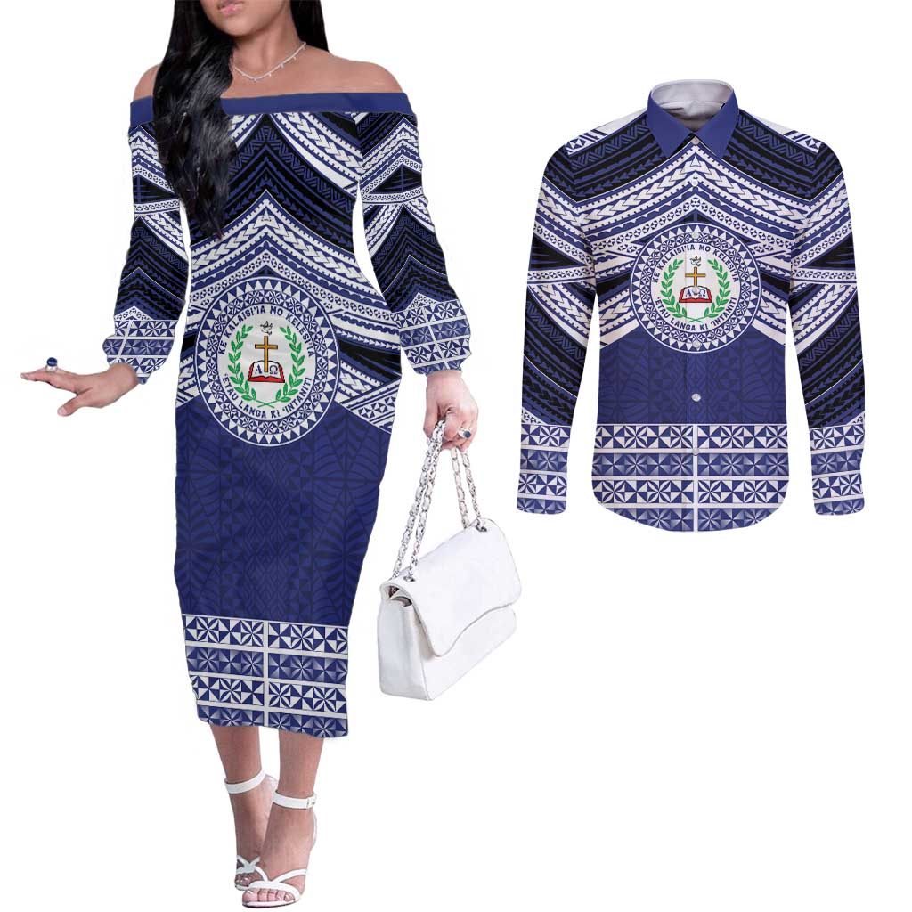 Personalised Tonga Sia'atoutai Theological College Couples Matching Off The Shoulder Long Sleeve Dress and Long Sleeve Button Shirt Polynesian Ngatu Tribal