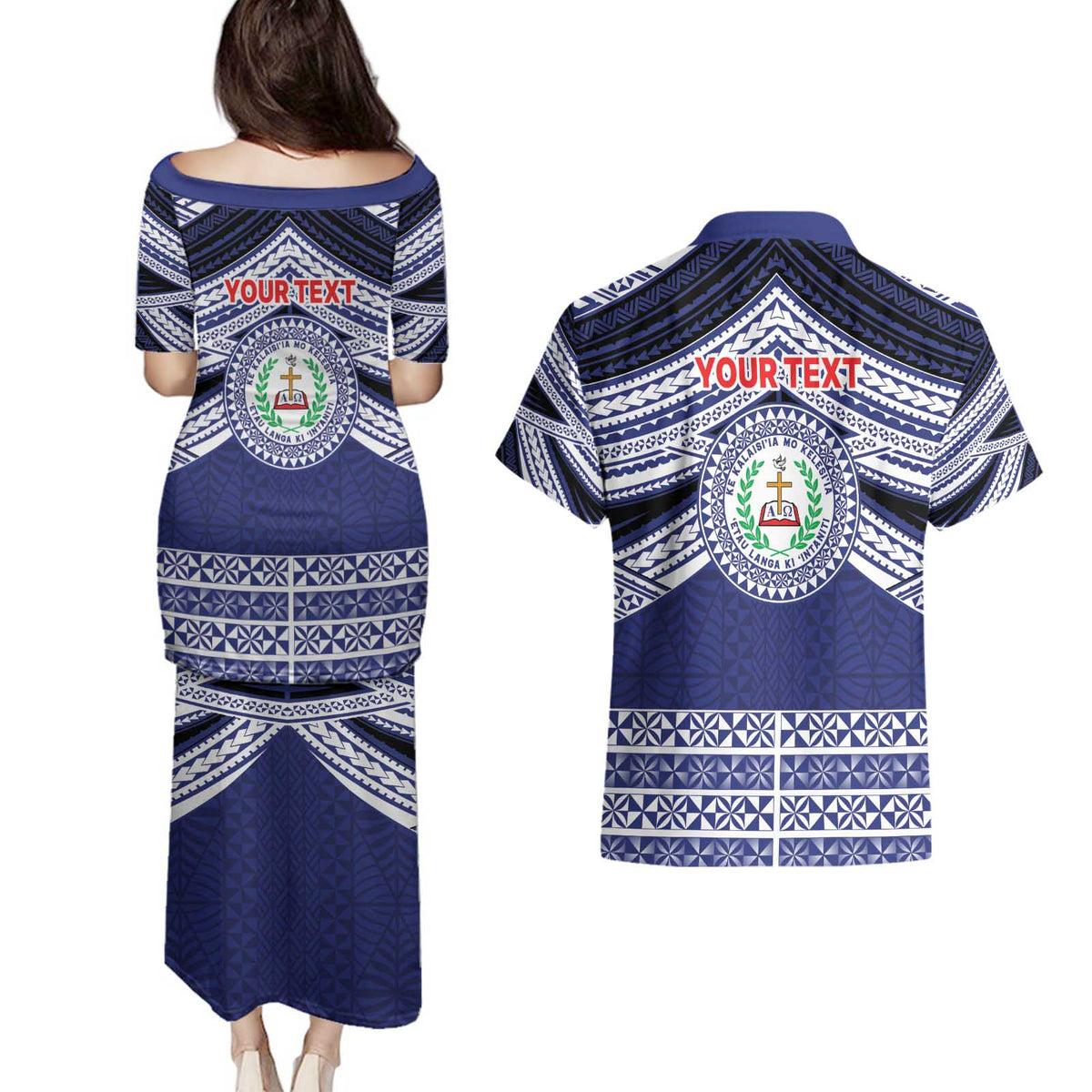 Personalised Tonga Sia'atoutai Theological College Couples Matching Puletasi and Hawaiian Shirt Polynesian Ngatu Tribal