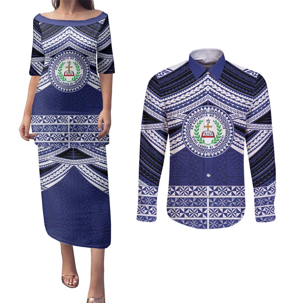 Personalised Tonga Sia'atoutai Theological College Couples Matching Puletasi and Long Sleeve Button Shirt Polynesian Ngatu Tribal