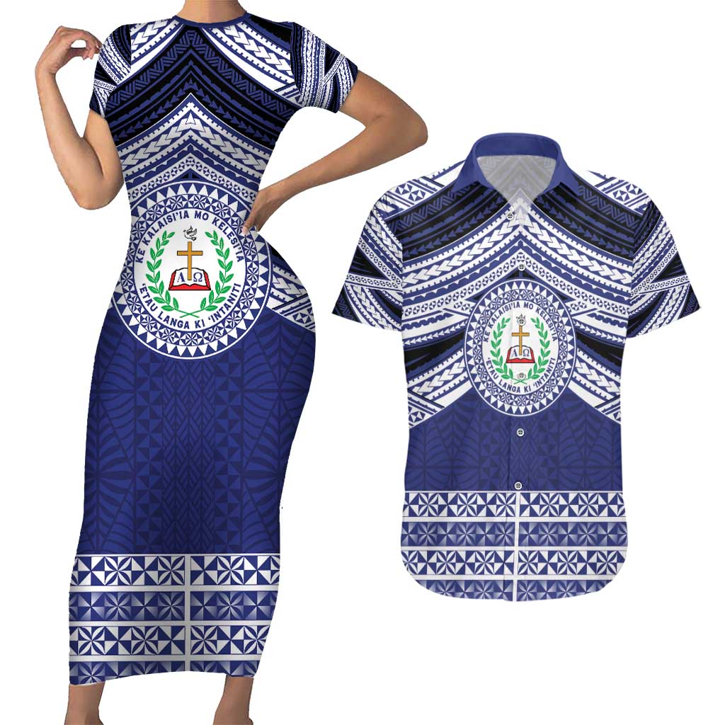 Personalised Tonga Sia'atoutai Theological College Couples Matching Short Sleeve Bodycon Dress and Hawaiian Shirt Polynesian Ngatu Tribal