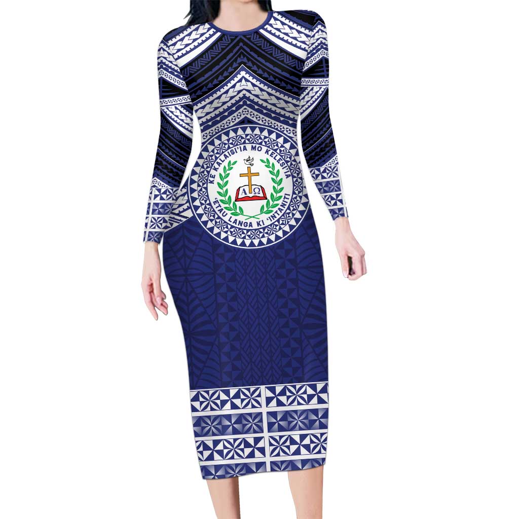 Personalised Tonga Sia'atoutai Theological College Family Matching Long Sleeve Bodycon Dress and Hawaiian Shirt Polynesian Ngatu Tribal LT9 Mom's Dress Blue - Polynesian Pride
