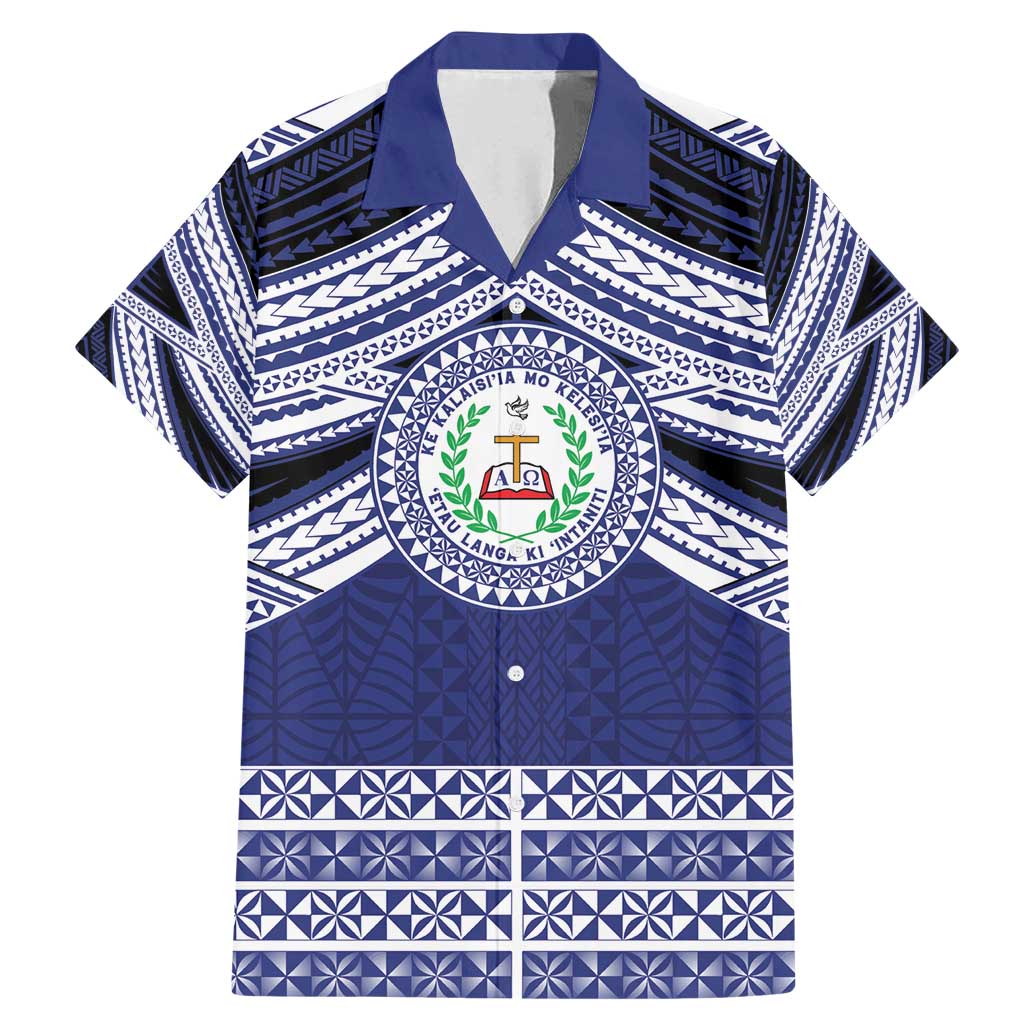 Personalised Tonga Sia'atoutai Theological College Family Matching Mermaid Dress and Hawaiian Shirt Polynesian Ngatu Tribal LT9 Dad's Shirt - Short Sleeve Blue - Polynesian Pride