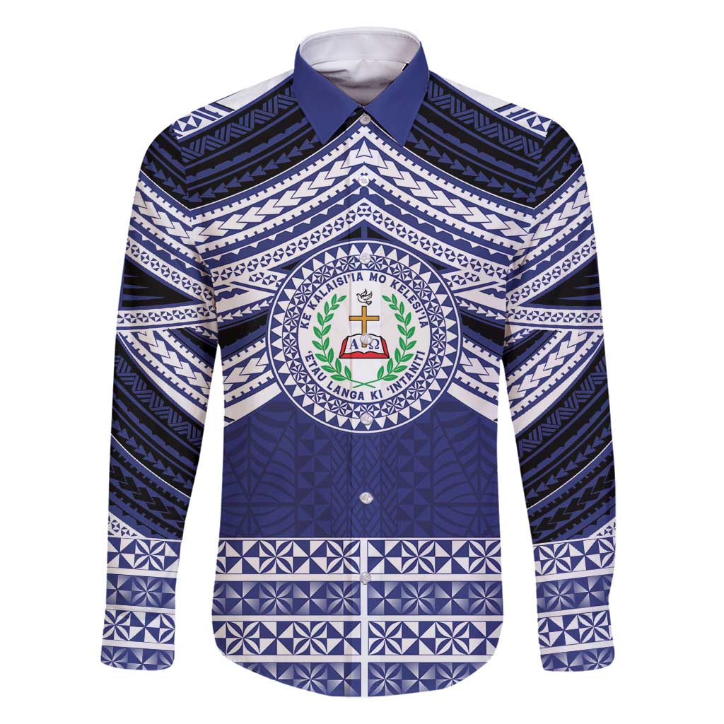 Personalised Tonga Sia'atoutai Theological College Family Matching Mermaid Dress and Hawaiian Shirt Polynesian Ngatu Tribal LT9 Dad's Shirt - Long Sleeve Blue - Polynesian Pride